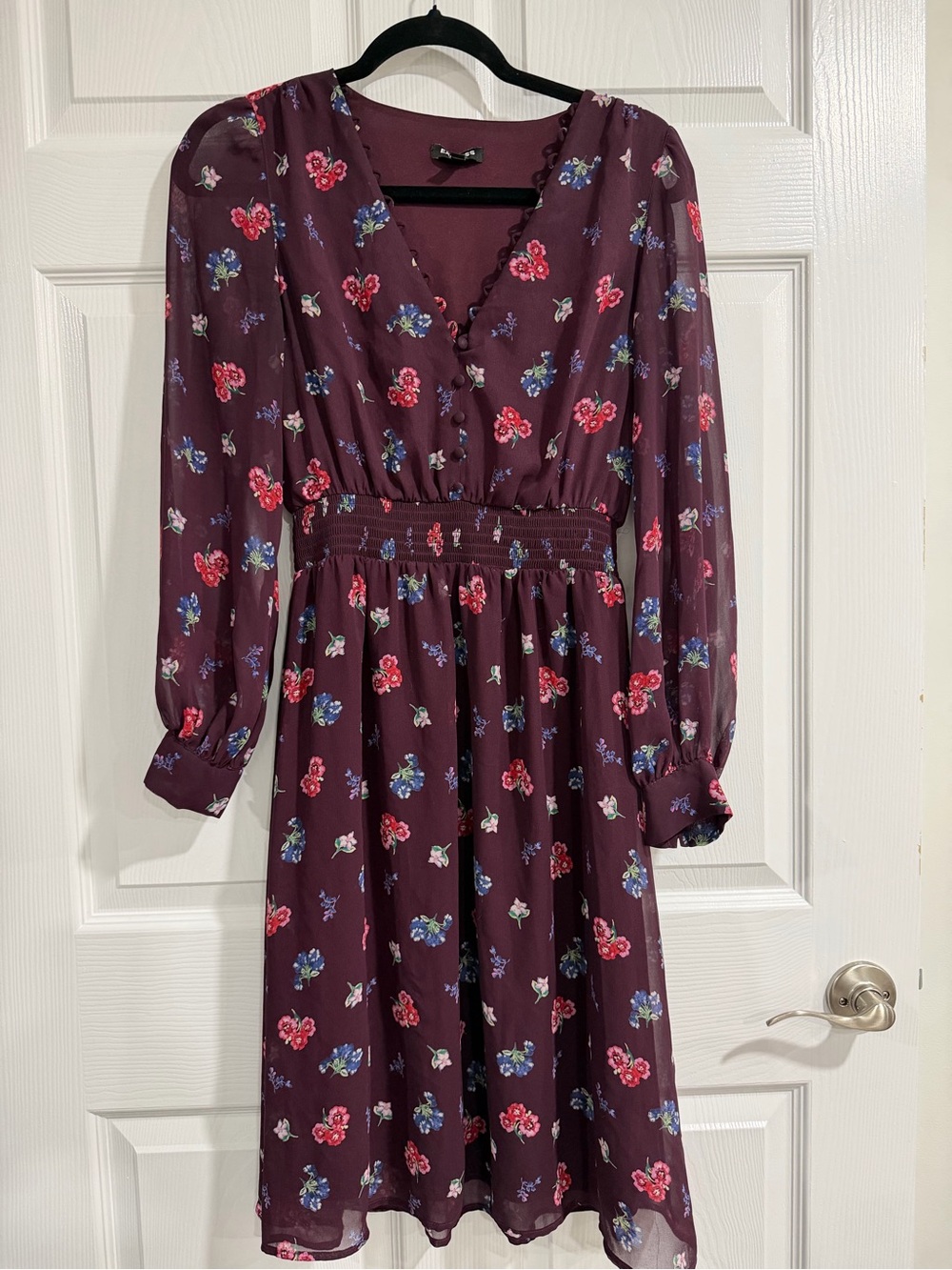 Express Floral V-Neck Long Sleeve Dress - Burgundy